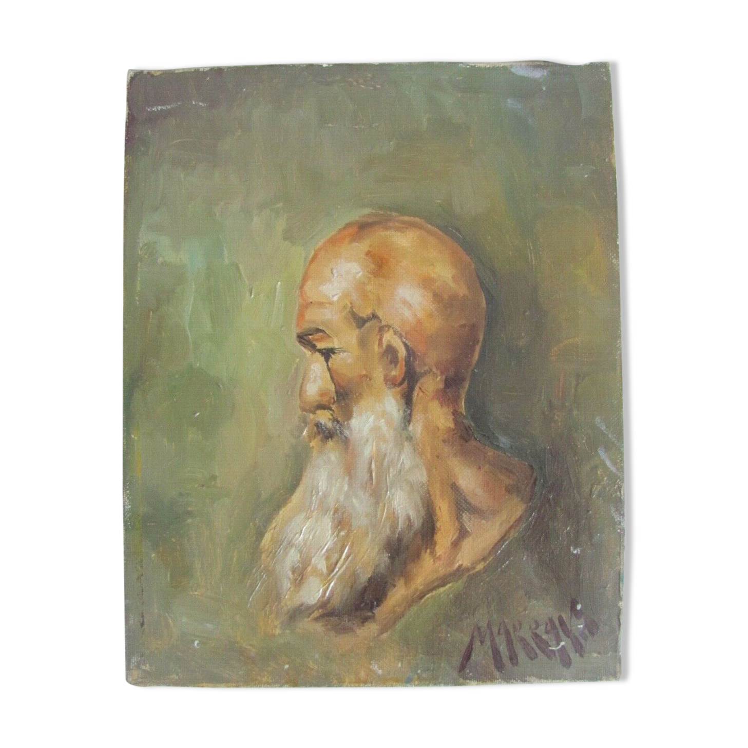 Portrait of a bald man with a long white beard