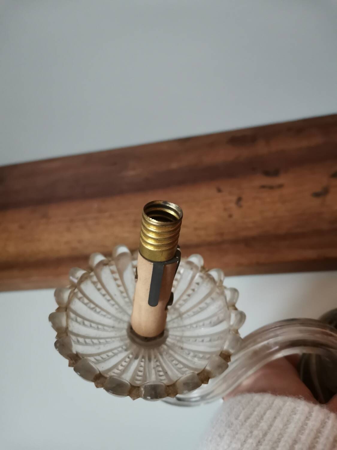 Old vintage wall lamp, brass glass and fake candle mirror