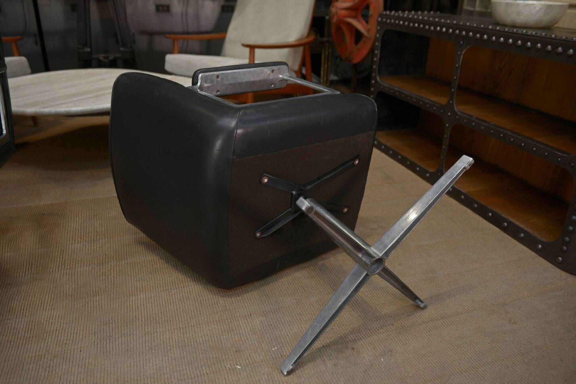 Set of 3 designer swivel metal leather office armchairs 1970