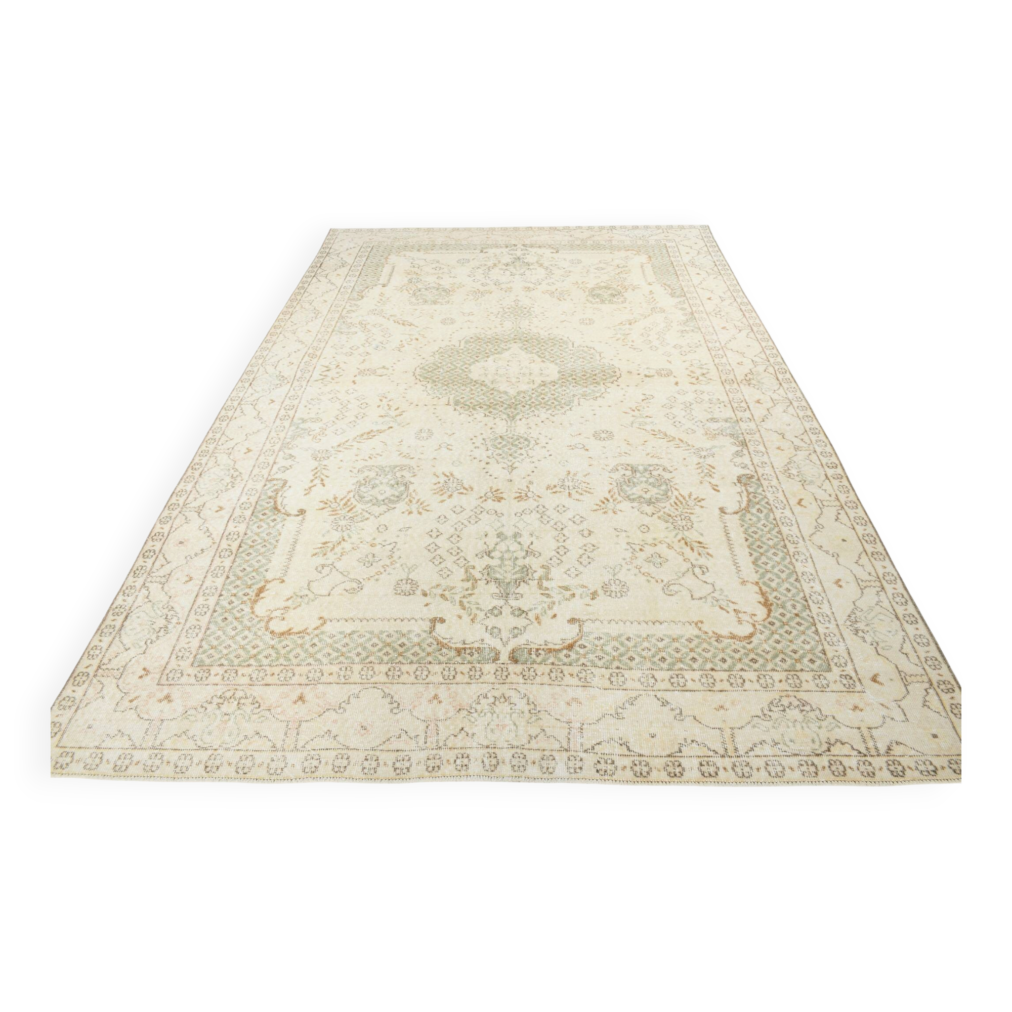 Soft Beige Neutral Vintage Oushak Carpert Rug, 222x330 Cm