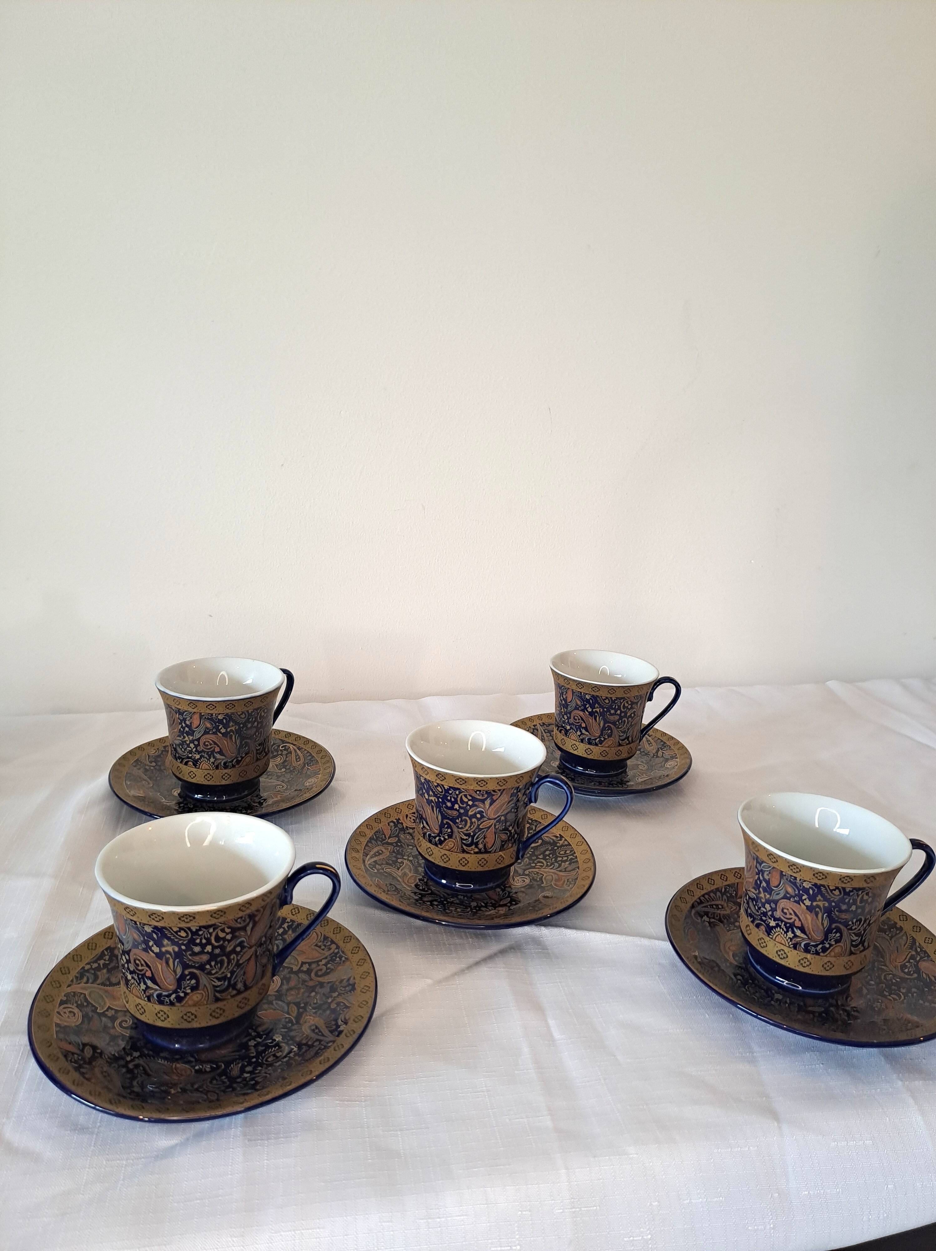 Service à café vintage D&S France – porcelaine bleue et or – 13 pièces