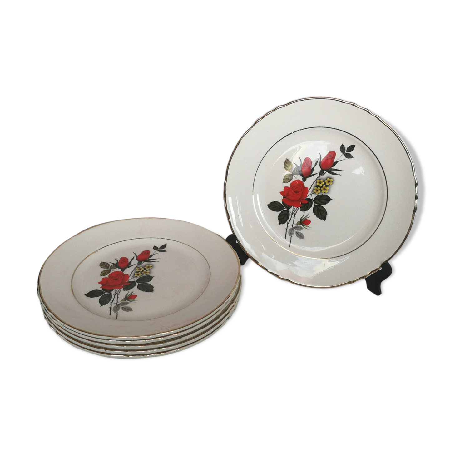 6 Old Wolf Mill Dessert Plates red pink pattern