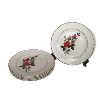 Set de 6 assiettes à dessert anciennes Moulin des loups motif roses rouges