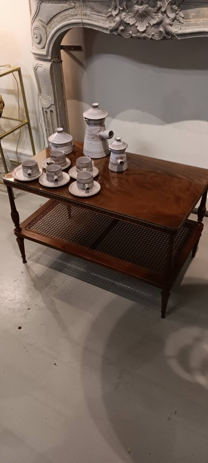 Coffee table / side table in mahogany with a rattan shelf.