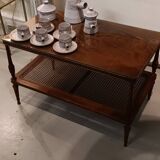 Mahogany coffee table / end table with rattan spacer shelf