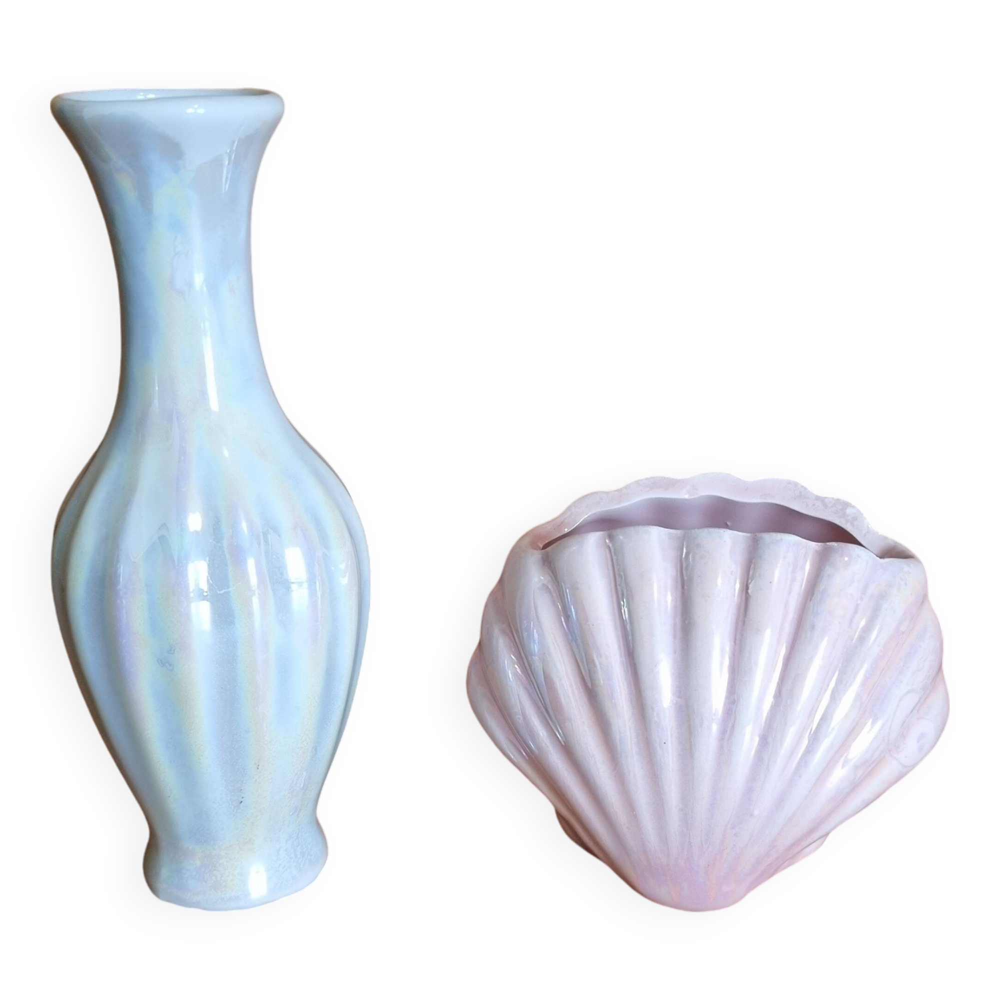 Set of 2 vintage iridescent ceramic mini vases