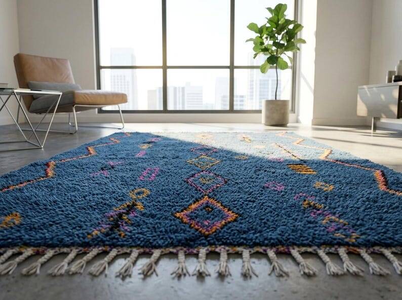 Tapis Handmade Marocain bleu décoré 200cmx300cm