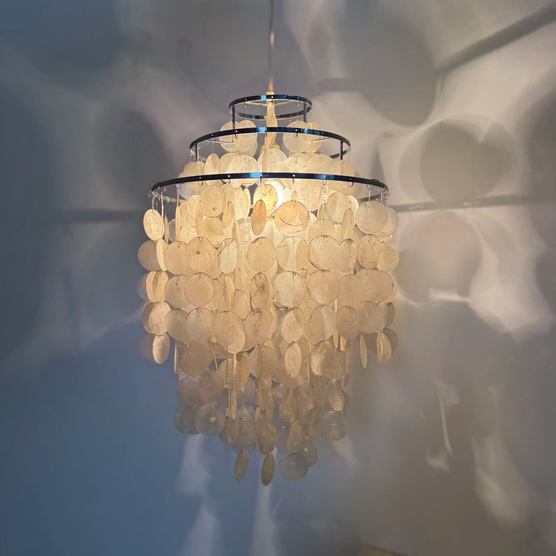 Mid-century mother of pearl Capiz shell Verner Panton style hanging lamp, 1970s