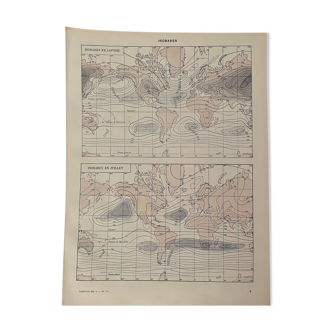 Lithographie carte sur la pression atmosphérique et températures de 1928