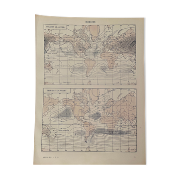 Lithographie carte sur la pression atmosphérique et températures de 1928