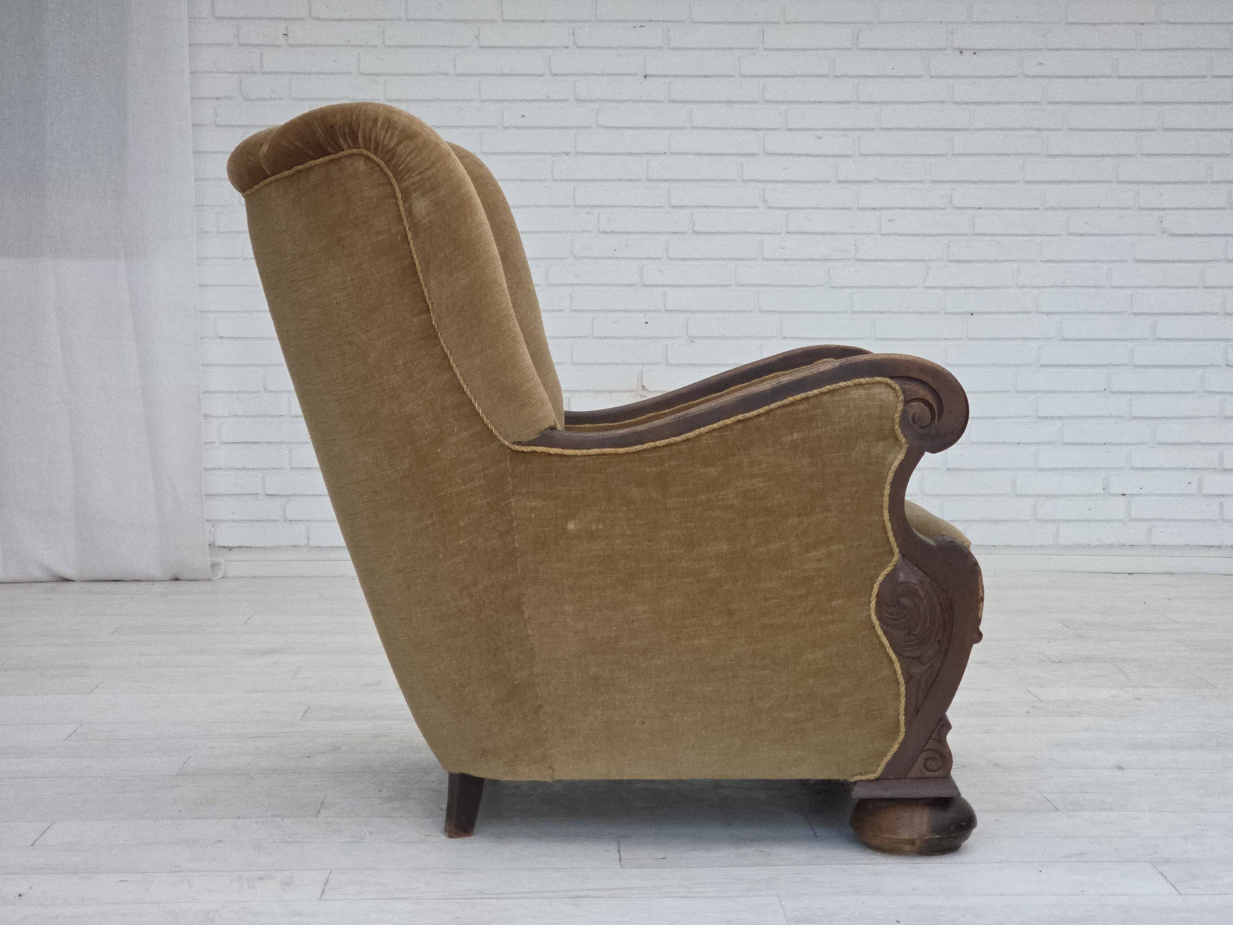 1960s, Danish relax chair, original green furniture velour, oak wood.