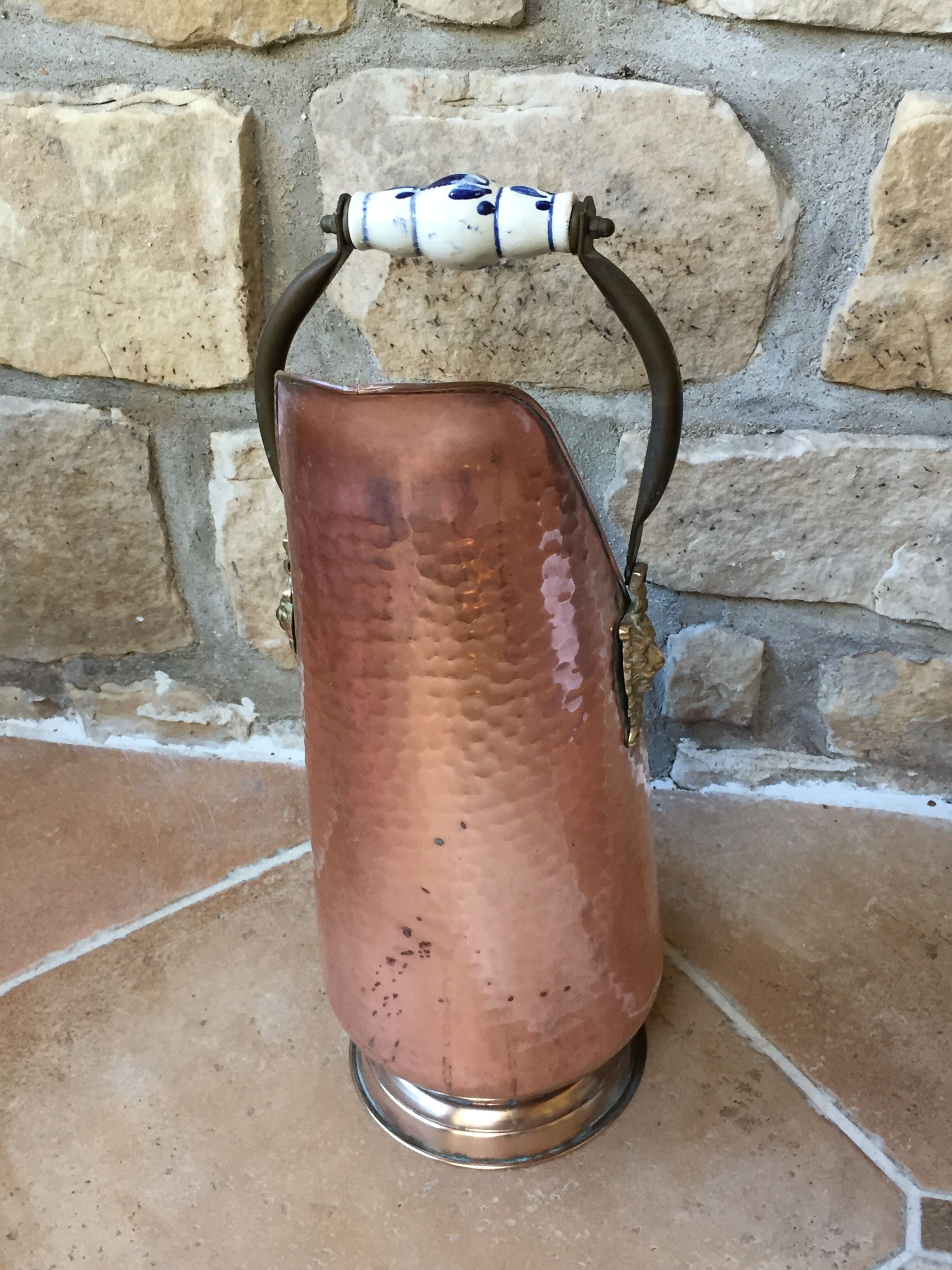Pink hammered copper coal bucket and porcelain handles