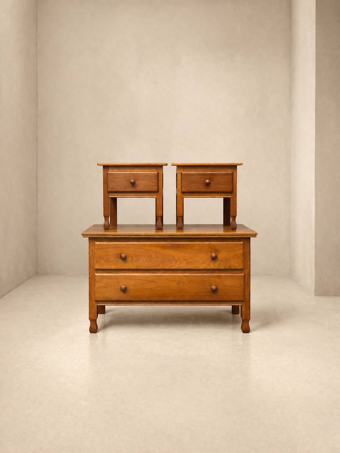 Set of chest of drawers and bedside tables in solid oak – European manufacturing