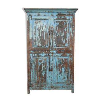 Cabinet 4 solid doors in blue patinated wood