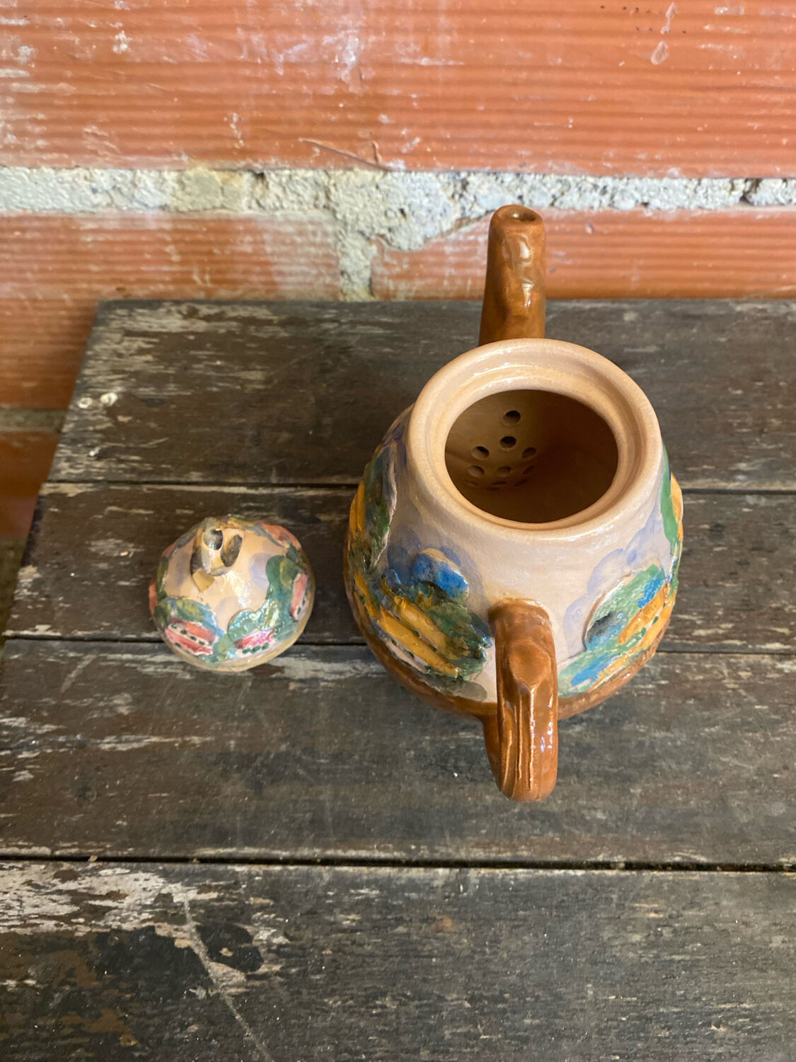 Teapot + 3 Antique Glazed Terracotta Cups Landscape Decor Vintage