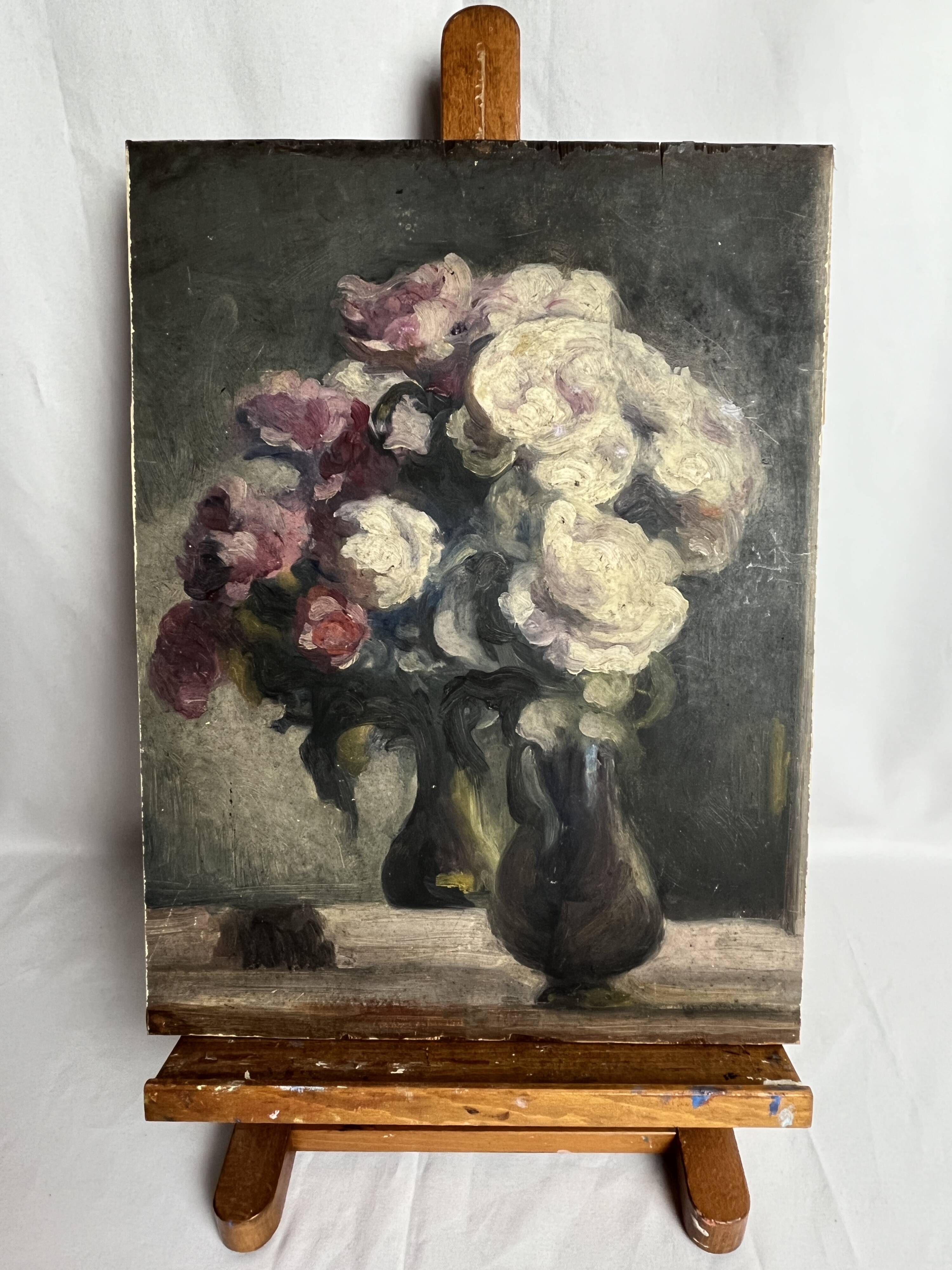 Oil on panel still life bouquet signed early 20th century.