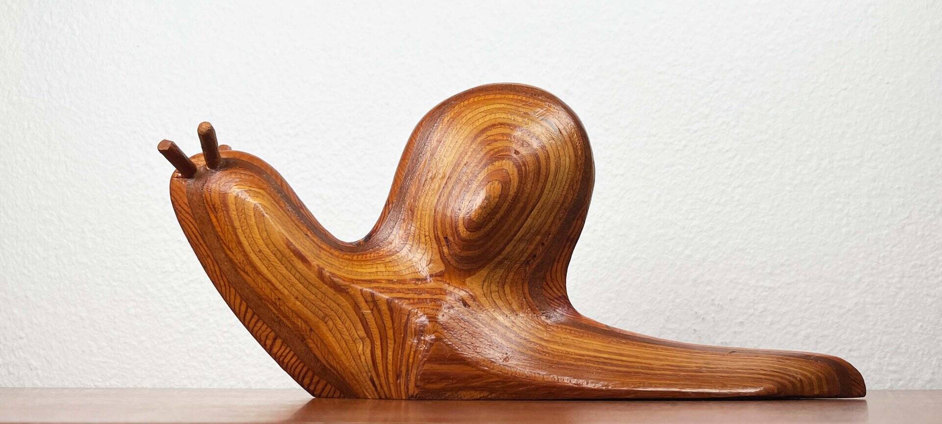 Large Danish carved wooden snail sculpture from the mid-century, 1960s.