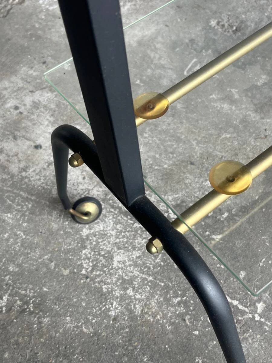 Black brass and glass mid-century trolley with sculptural legs — two-tier vintage bar cart