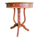 Pedestal table in polychrome wood and gold metal veneer