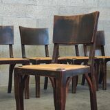 Suite of 6 chairs brutalist style straw and solid oak