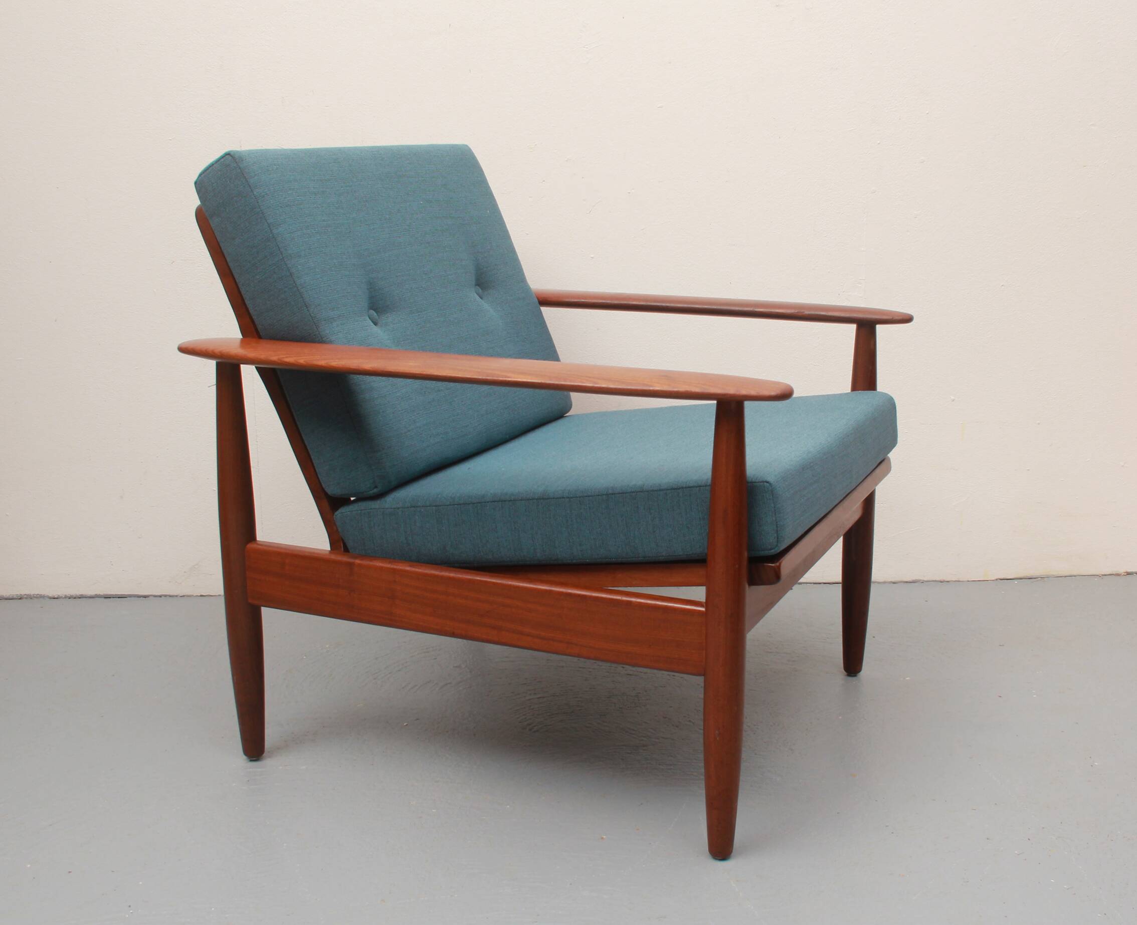 1960s armchair in teak, cushions petrol