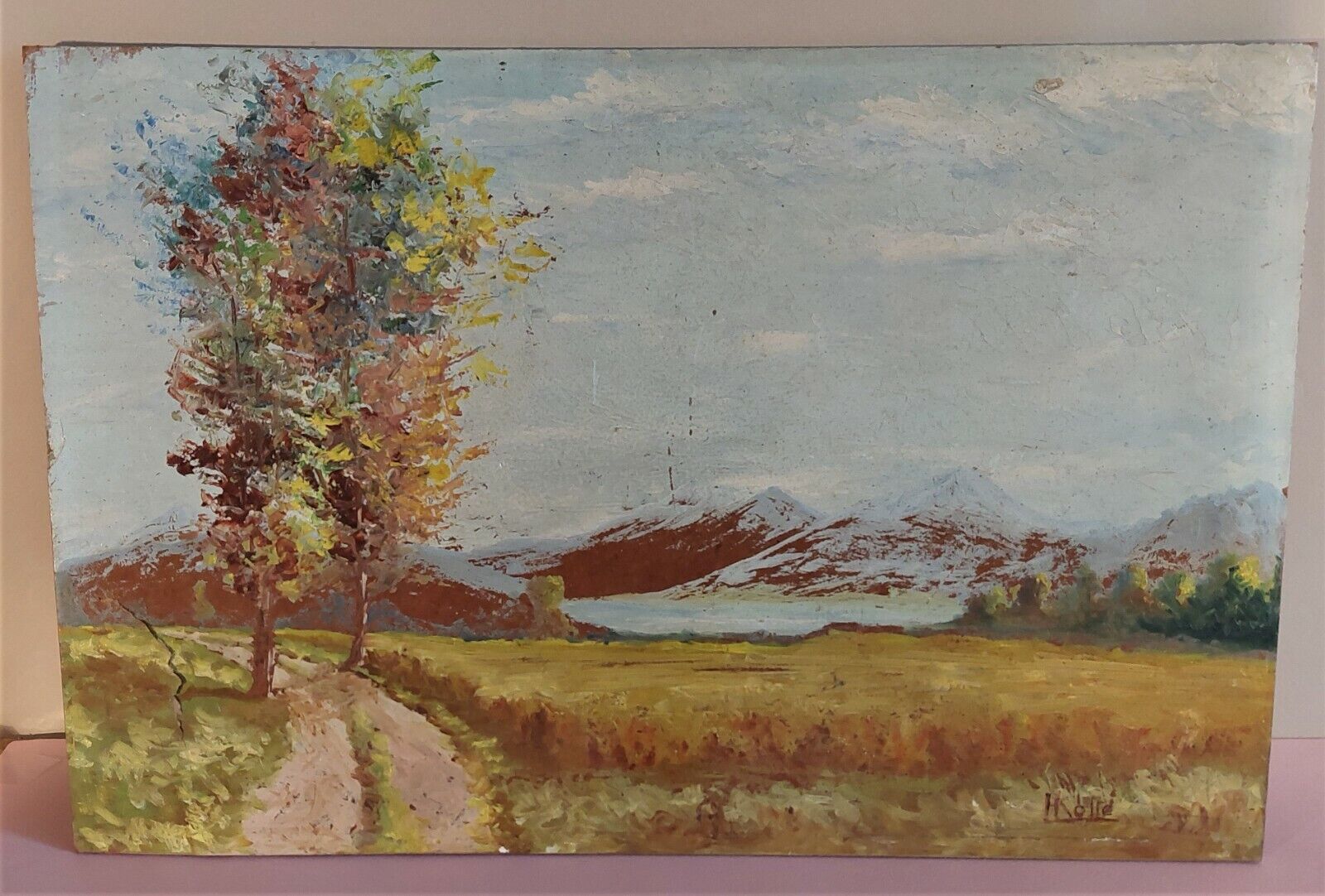 Painting oil on panel landscape mountains signed