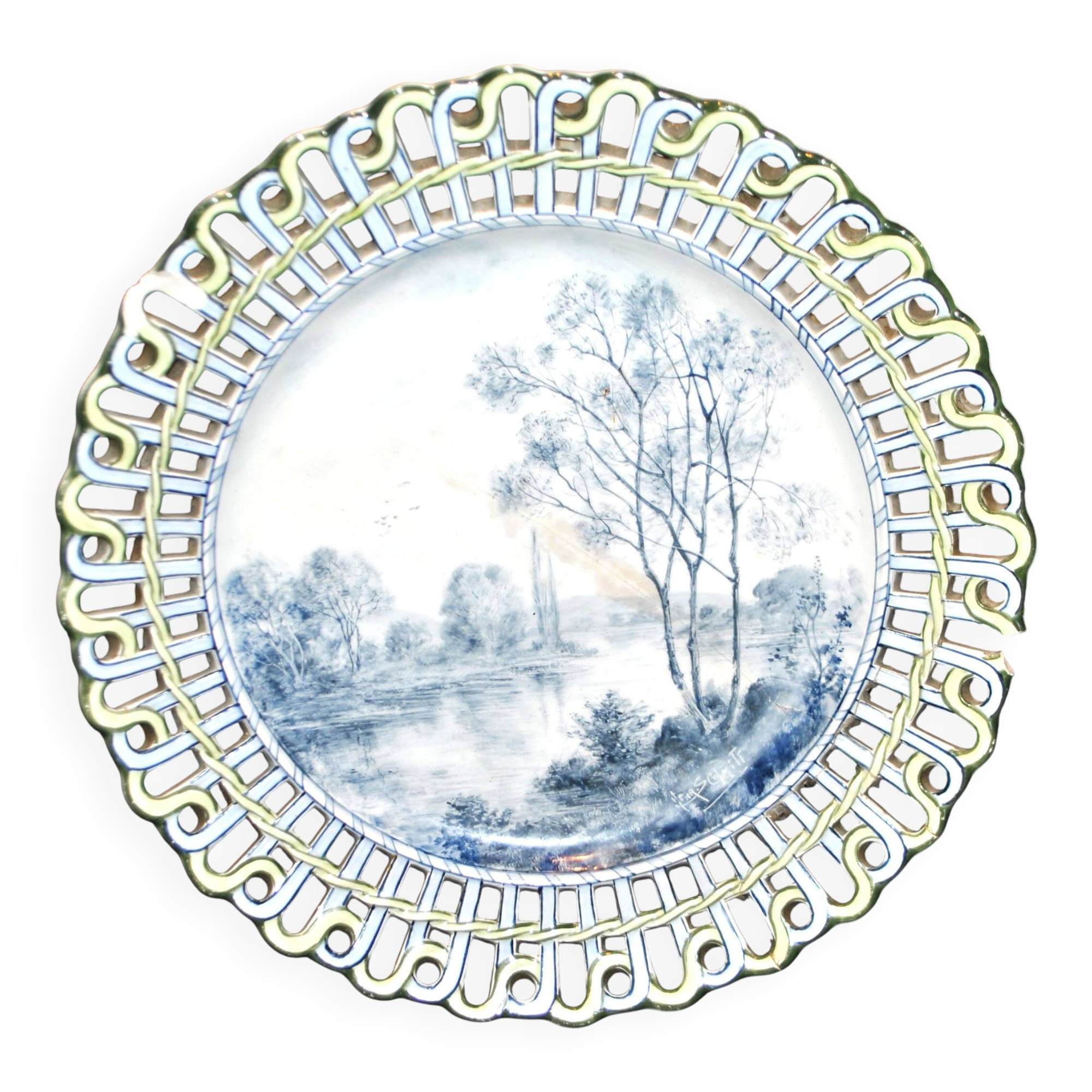 Painted collector's plate with openwork edge epinal by henri schmitt 1900