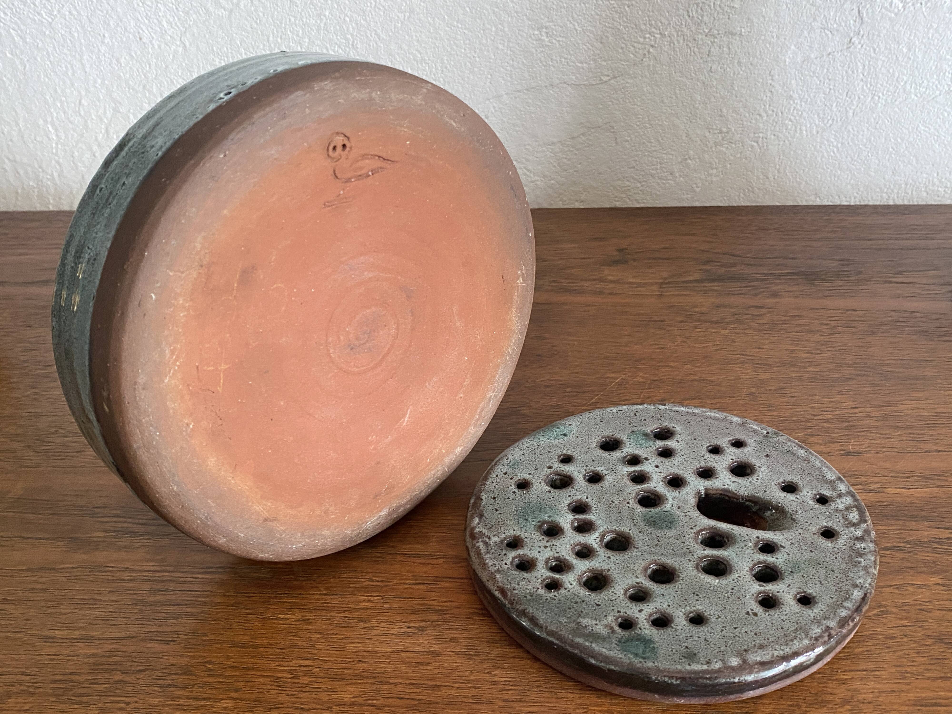 Vintage celadon blue glazed stoneware flower vase signed Pierlot at Ratilly