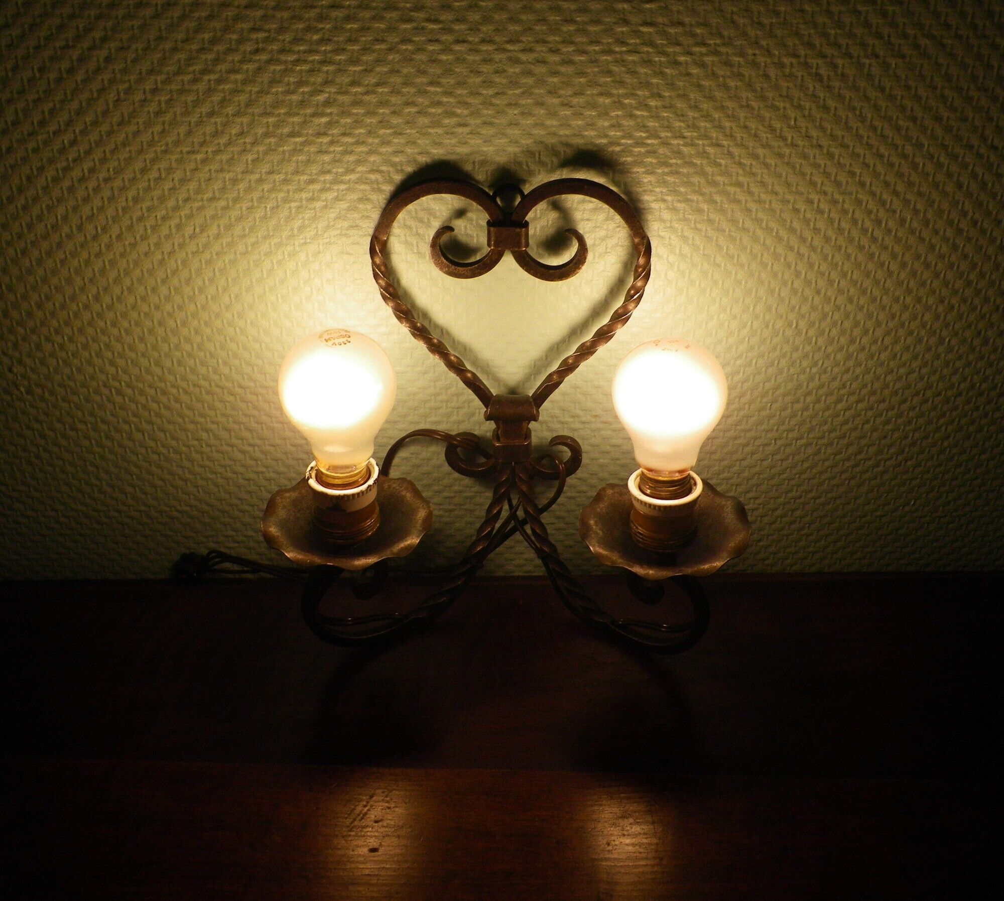 Real wrought iron wall sconce assembled and uns welded, porcelain and brass sleeves -1930/40
