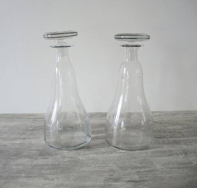 2 Antique Engraved Glass Wine Decanters with Grape Decor