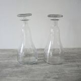 2 Antique Engraved Glass Wine Decanters with Grape Decor