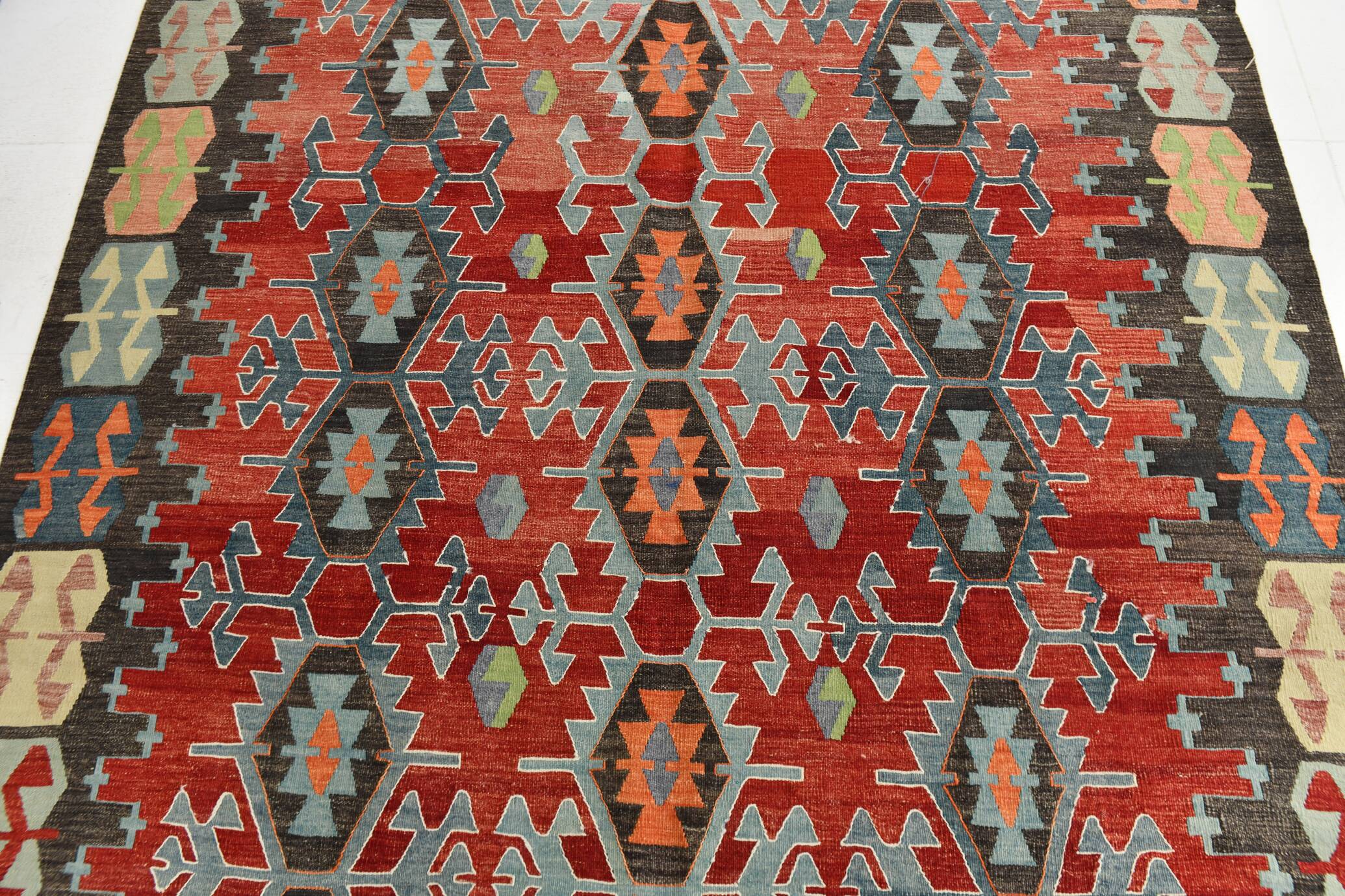 Tapis Kilim Vintage Rouge Motifs Géométriques Ethniques, 195x355 Cm