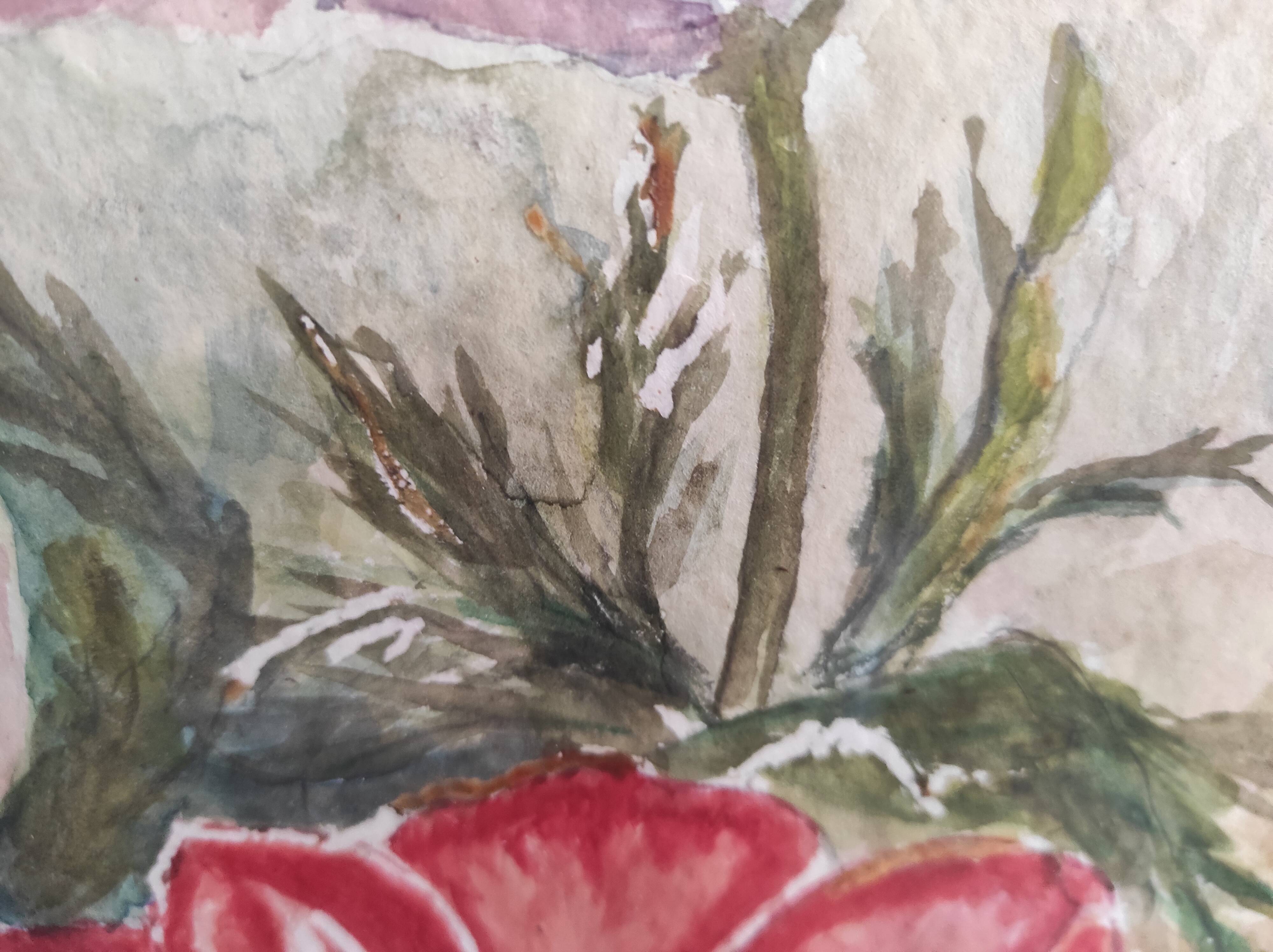 French watercolour of flowers, poppies, signed DR