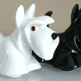 Salt and pepper shakers, glazed ceramic, Scottish terrier dog, signed