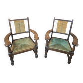 Brutalist pair of rustic turned wooden armchairs from the 1950s.