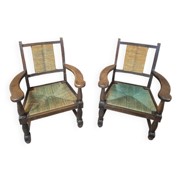 Paire de fauteuils Brutaliste en bois tournée rustique 1950s