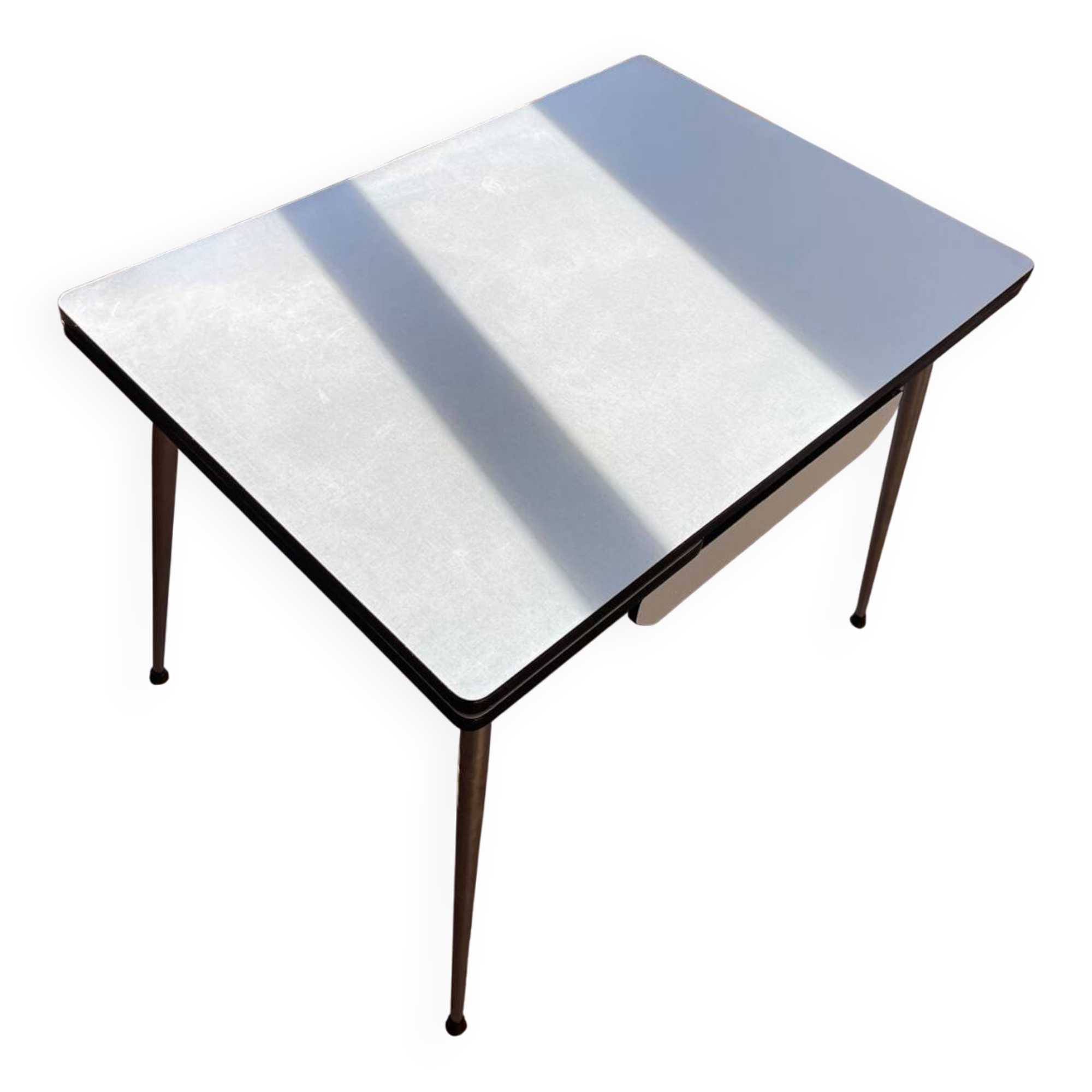 Blue Formica table for 4 to 6 people