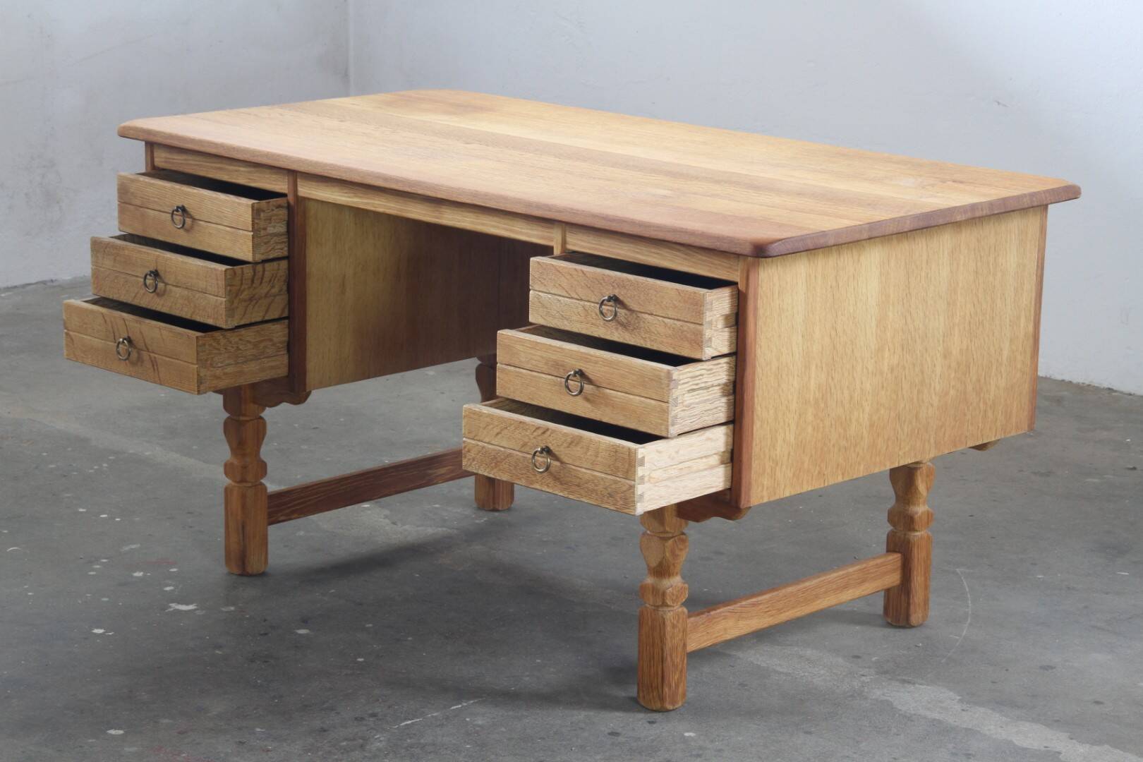 Vintage Mid-Century Oak Desk with 6 Drawers, Open Back, Kjærnulf Style