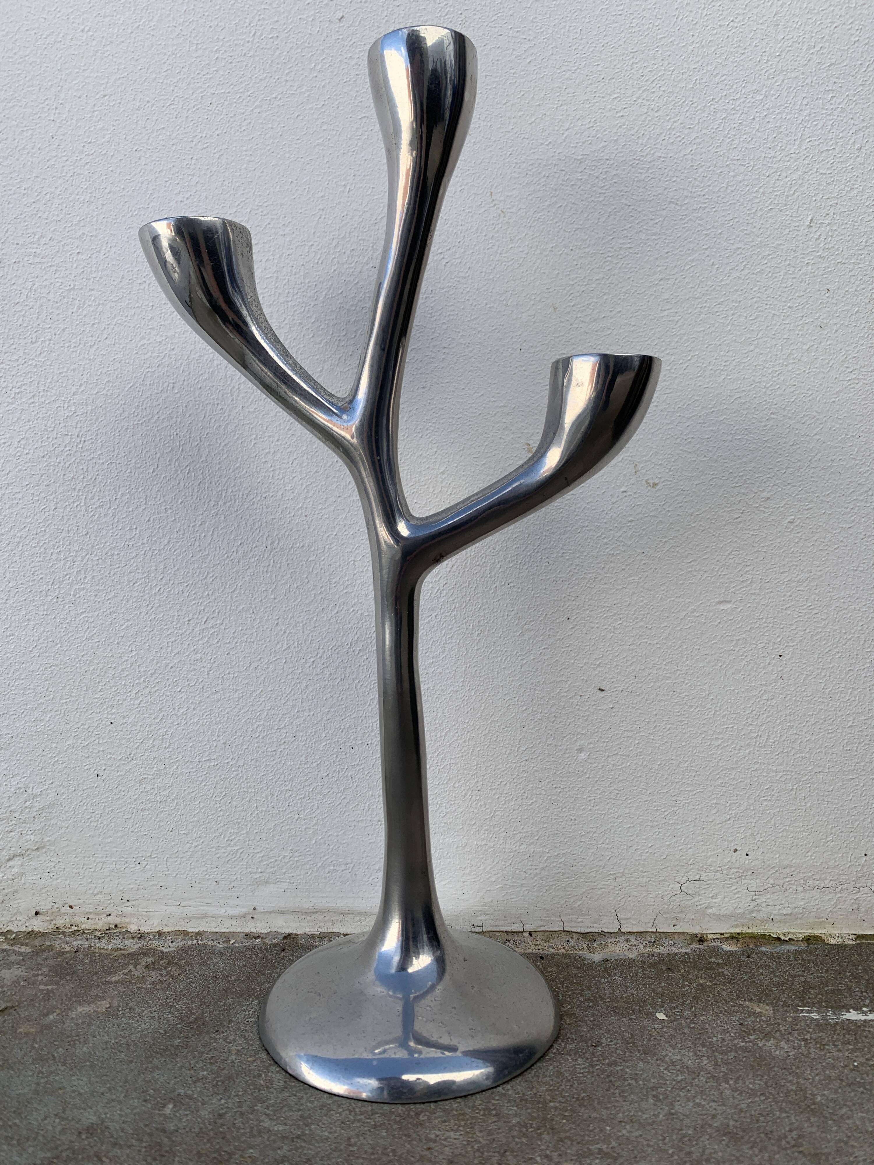 Organic candle holder in brushed aluminum, 3 branches, 1970