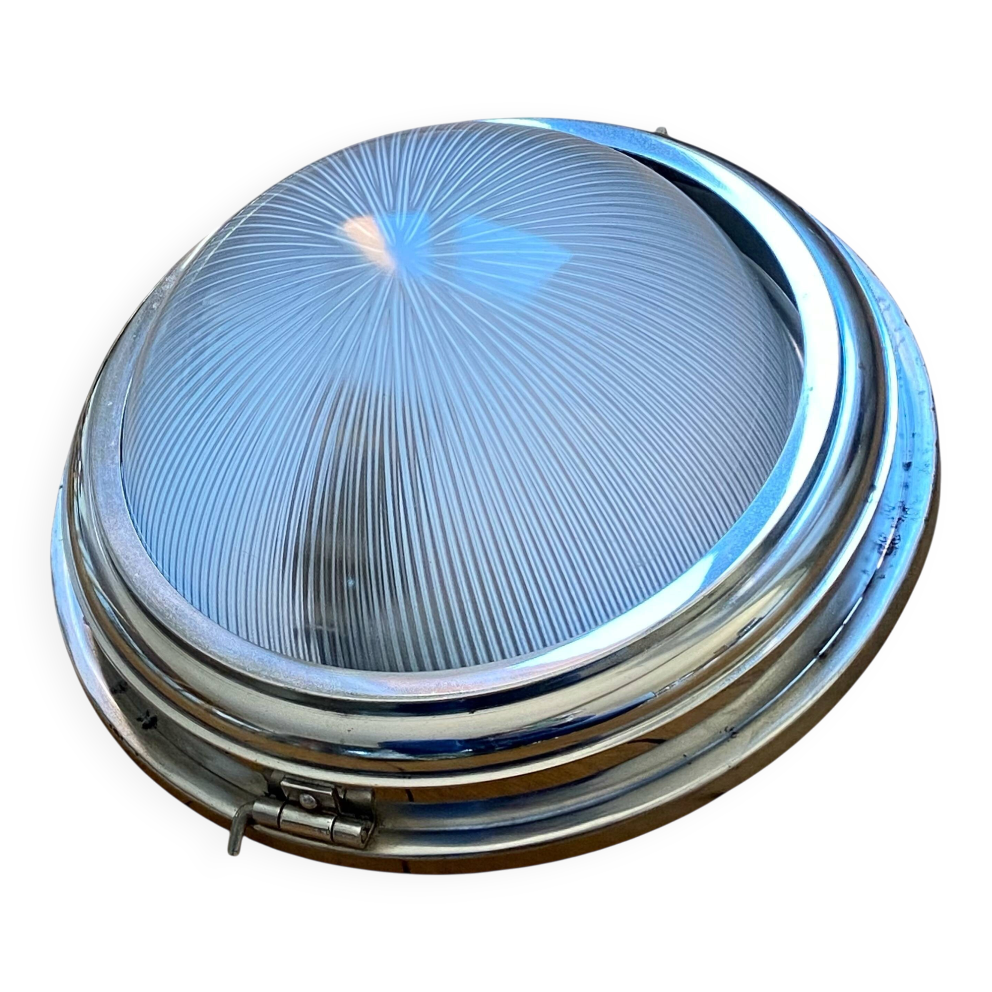 Thick glass ceiling light fixture with a chrome metal support, Holophane type.