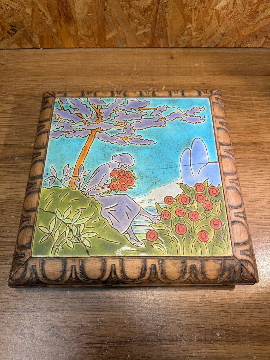 Antique trivet Enamels of Longwy woman landscape decoration
