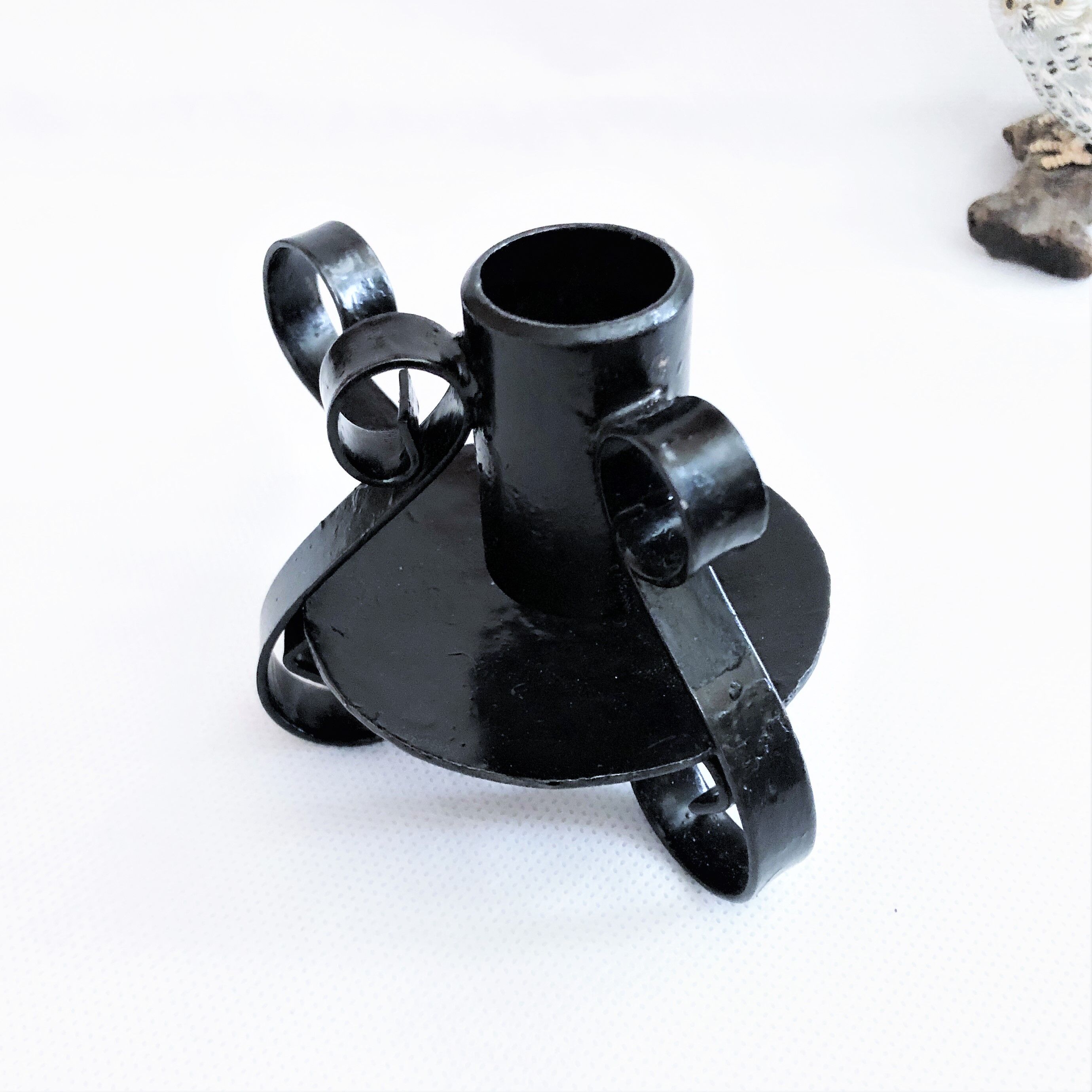 Petit bougeoir à main artisanal fer forgé noir vintage