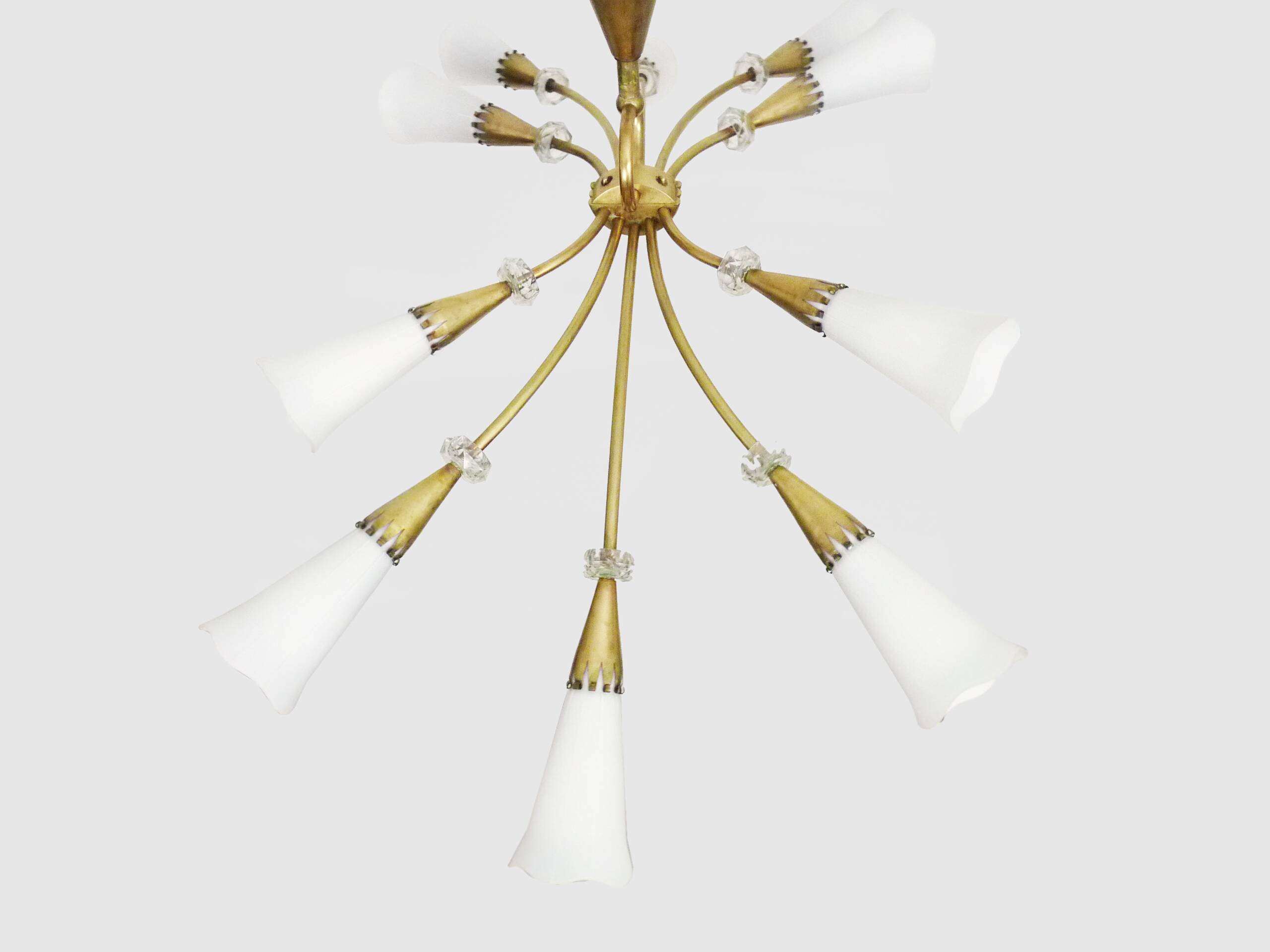 Modernist chandelier with 10 brass branches and white glass tubes, 1970s