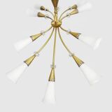 Modernist chandelier with 10 brass branches and white glass tubes, 1970s