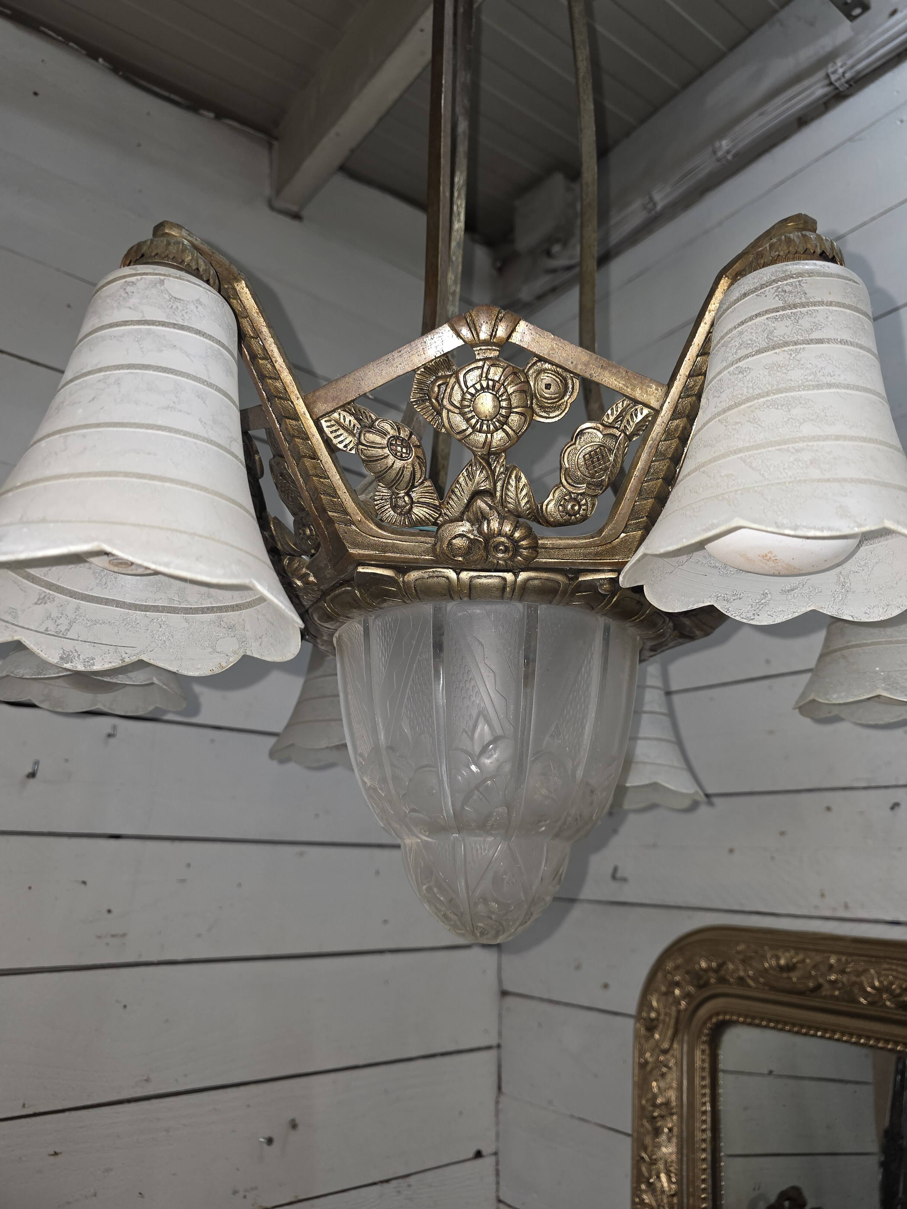 1930s Art Deco bronze chandelier