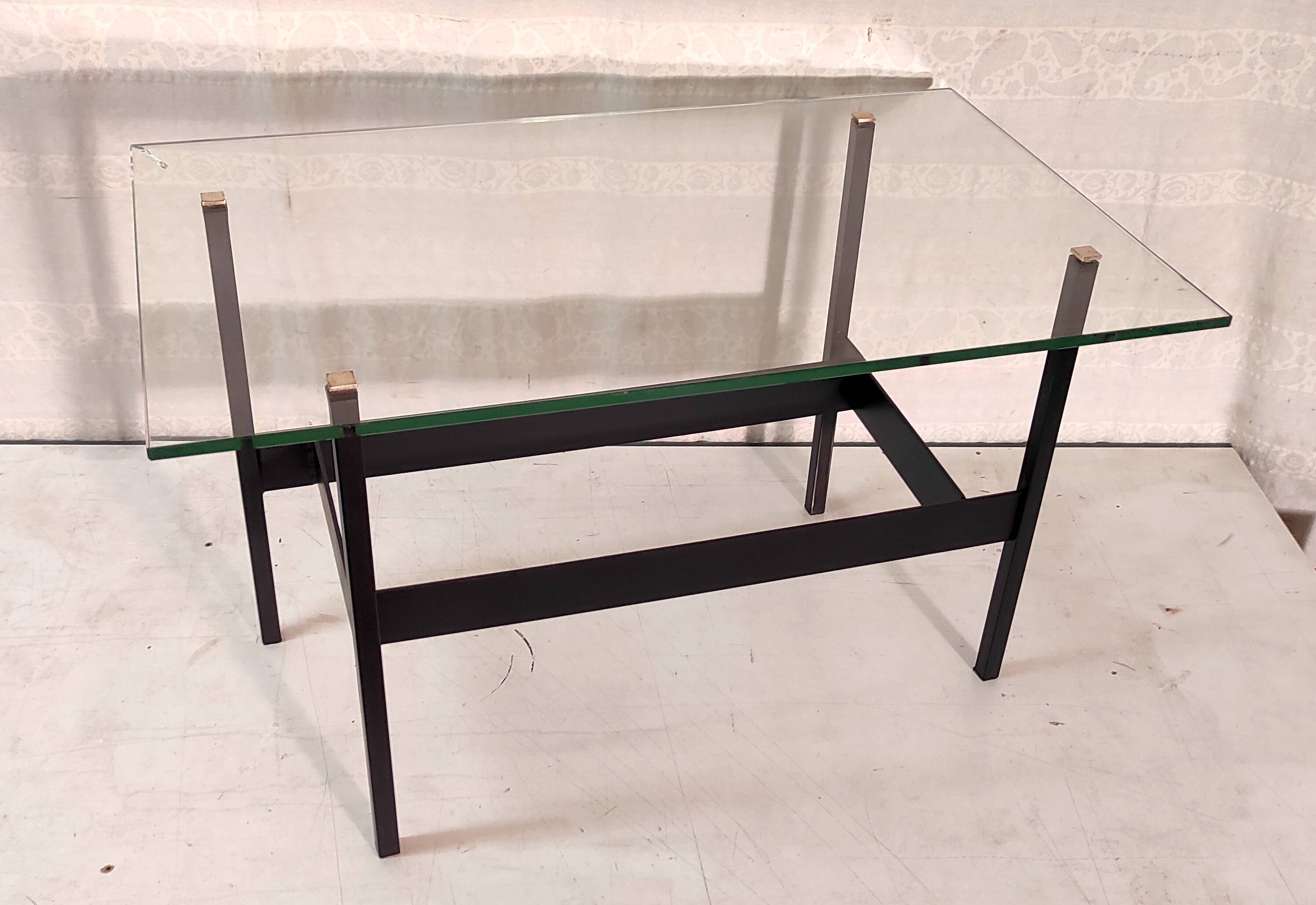 Modernist coffee table in metal, glass and brass - 1950s