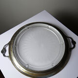 Plateau with handles, moulded glass and brass, Verlys, vintage Art Deco 1930-1940.