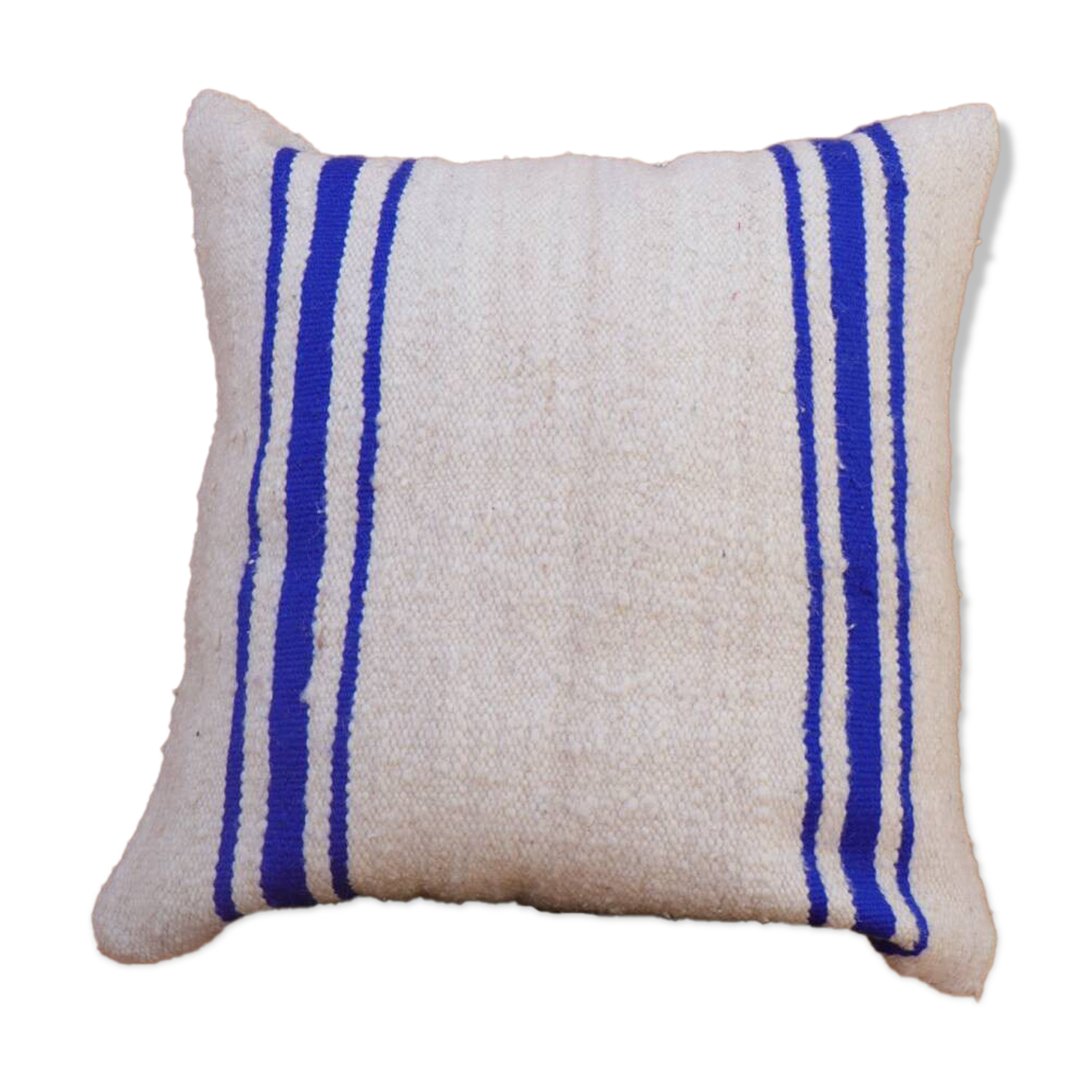 Blue and white striped wool cushion