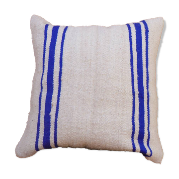 Blue and white striped wool cushion