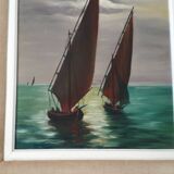 Tableau ancien à l'huile représentant une scène marine